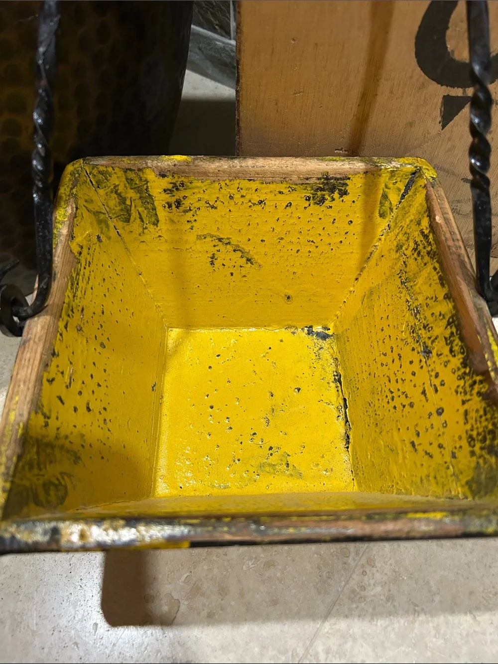 antique Chinese yellow lacquer rice measure bucket